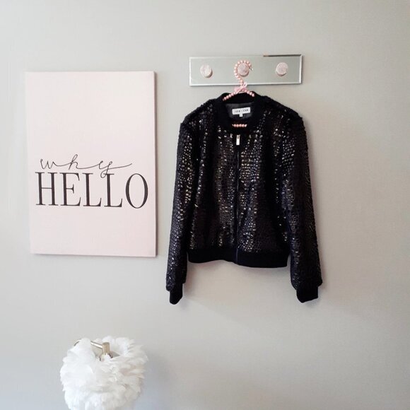 EUC John + Jenn black faux fur fuzzy feel & textured surface bomber jacket - Picture 12 of 15